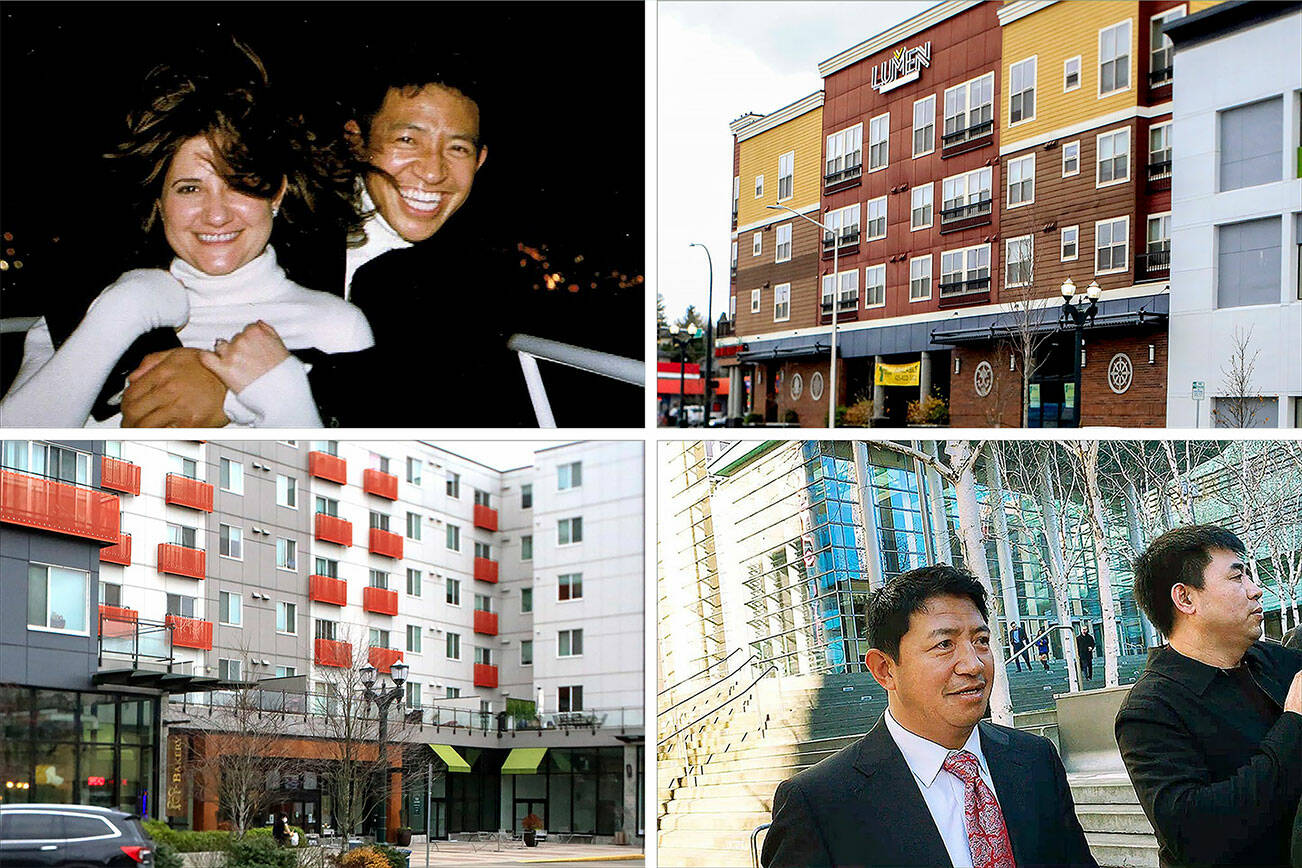 Tami Agassi and Lobsang Dargey in happier times (top left), Lobsang Dargey (bottom right) outside the federal courthouse in Seattle in 2017, and Everett properties developed by Dargey.