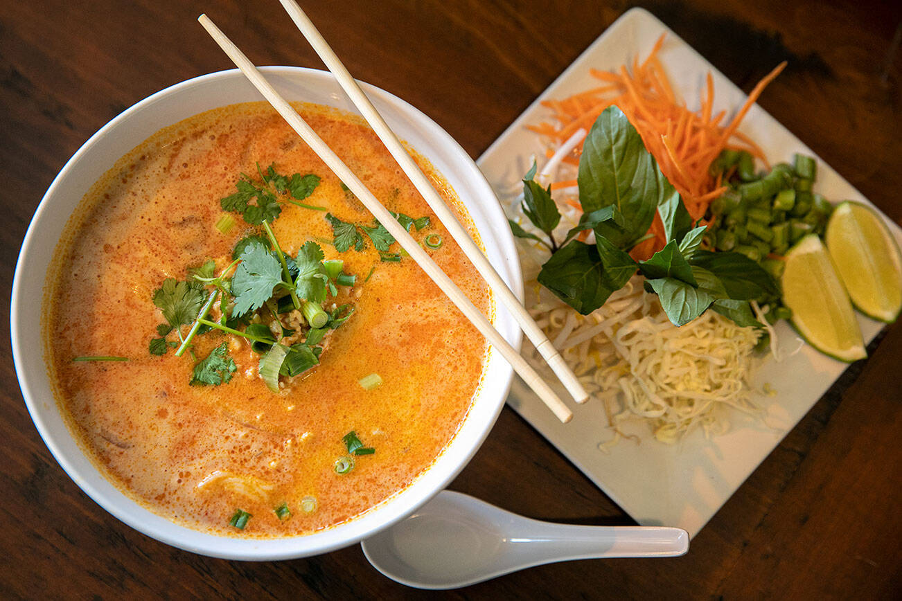 Khao poon katee at Thai on Main Street Wednesday, April 20, 2022, in Monroe, Washington. (Ryan Berry / The Herald)