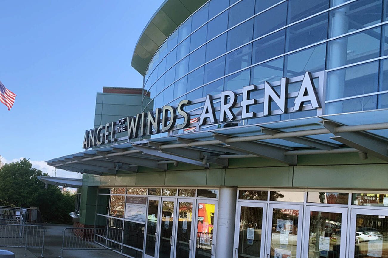 Angel of the Winds Arena stands ready and waiting Friday afternoon for Kraken fans to arrive for the preseason game against the Edmondton Oilers. (Jake Goldstein-Street / The Herald)