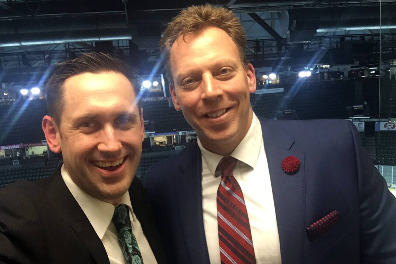 Al Kinisky (right), a former Everett Silvertips color commentator, is joining the Seattle Kraken broadcast on Sports Radio KJR. (Photo courtesy of Everett Silvertips)