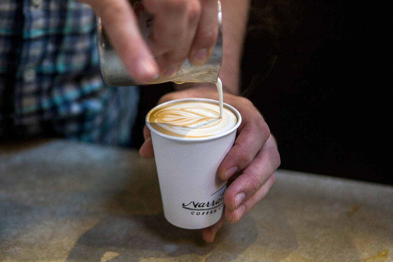 A latte is made at Narrative Coffee on Oct. 4, 2018 in Everett, Wa. (Olivia Vanni / The Herald)