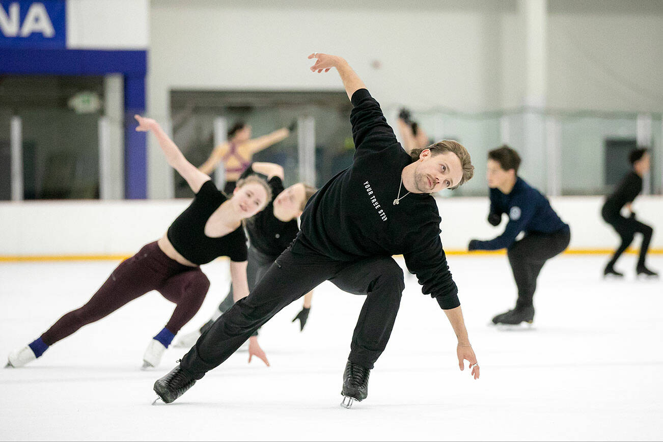 Jean-Luc Baker leads advanced students through a warmup during the Seattle Skating Club 2024 Your True Step figure skating seminar on Saturday, June 15, 2024, at Olympic View Arena in Mountlake Terrace, Washington. (Ryan Berry / The Herald)