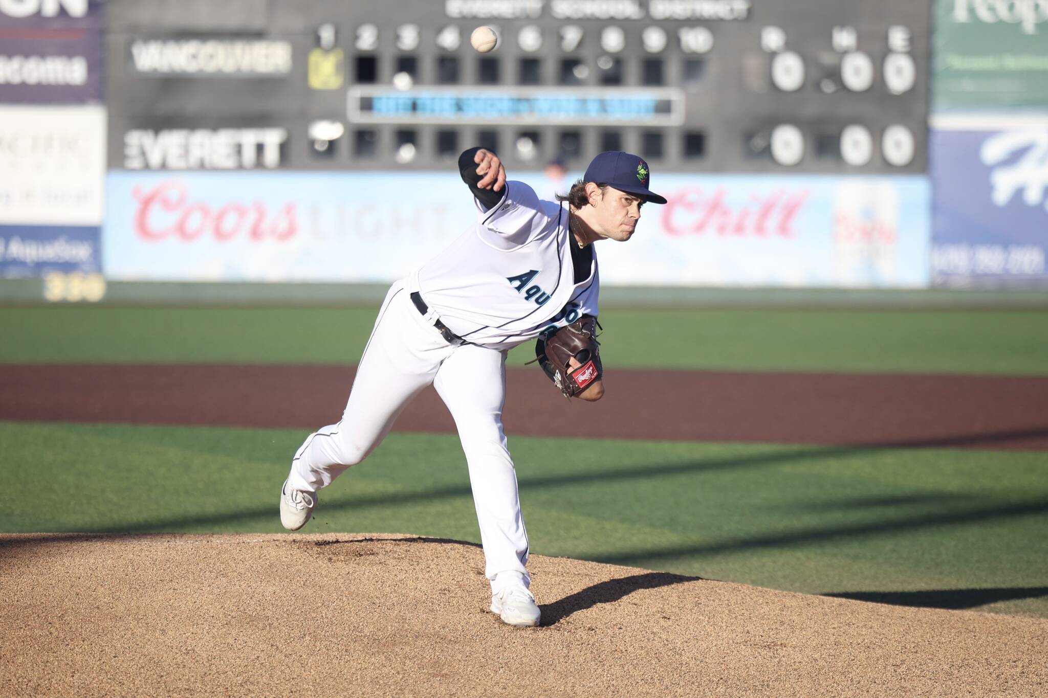 Everett AquaSox pitcher Michael Morales throws a warmup pitch between innings during Everett’s game against the Vancouver Canadians on June 6, 2024 at Funko Field in Everett. (Photo courtesy of Evan Morud / Everett AquaSox)