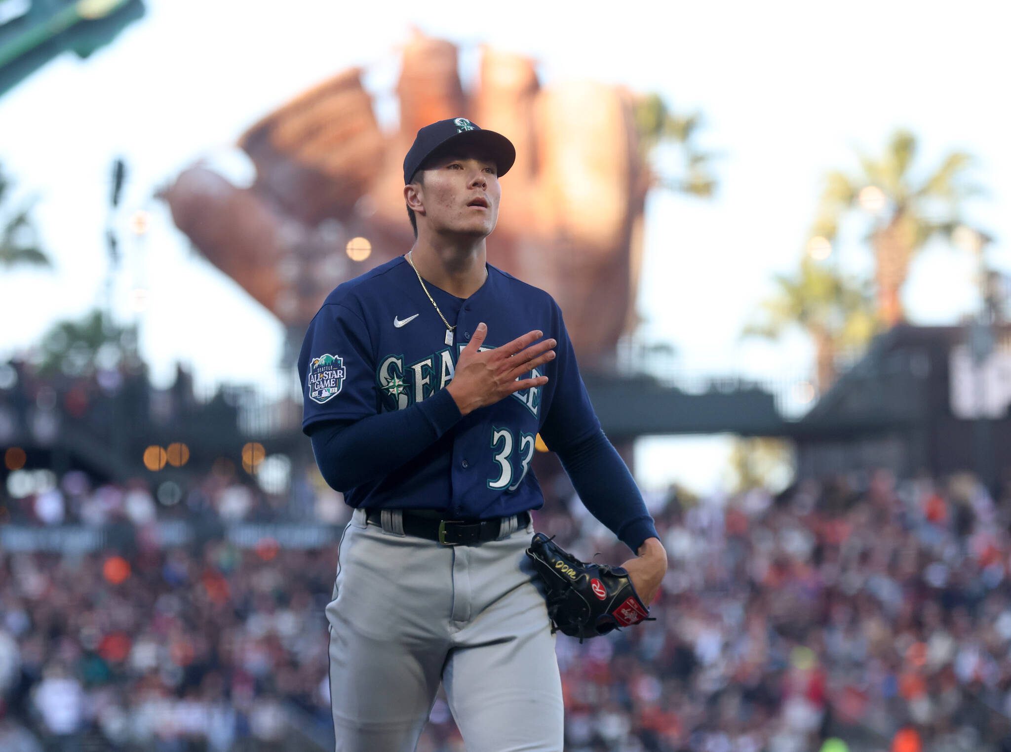 Seattle Mariners starting pitcher Bryan Woo #33 reacts after striking out San Francisco Giants’ Casey Schmitt #6 in the second inning of their MLB game at Oracle Park in San Francisco, Calif., on Monday, July 3, 2023. Woo played for Alameda High School. (Jane Tyska / Bay Area News Group)