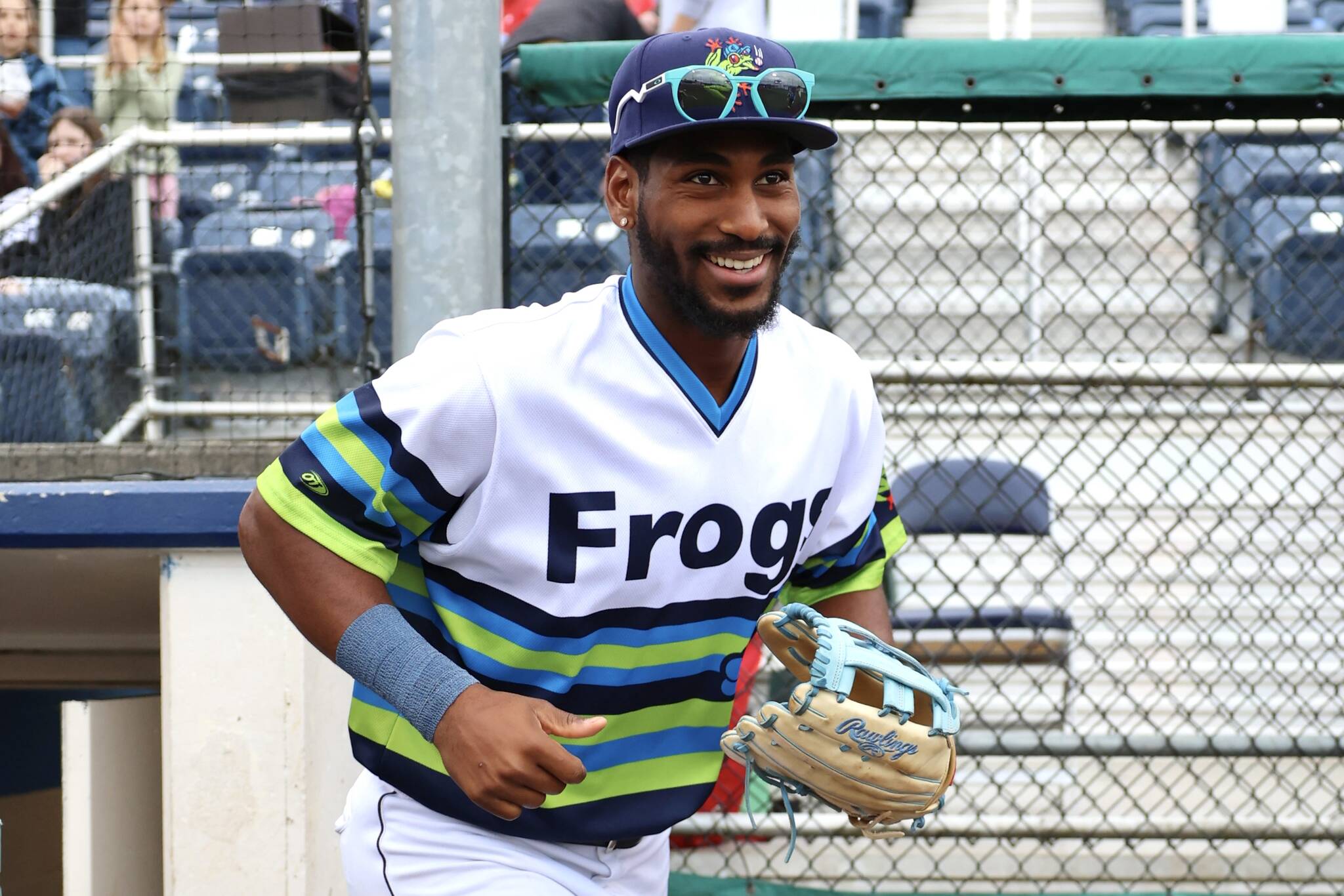 Everett AquaSox outfielder Lazaro Montes, the Seattle Mariners’ No. 4 ranked prospect, smiles while running onto the field prior to Everett’s game against the Spokane Indians on June 26, 2024 at Funko Field. (Photo courtesy Evan Morud / Everett AquaSox)