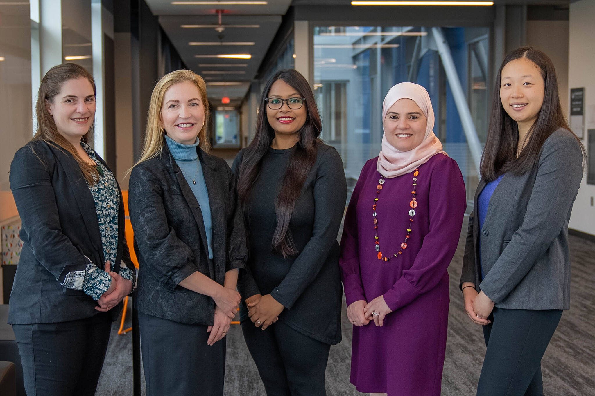 The computer science and robotics and artificial intelligence department faculty includes (left to right) faculty department head Allison Obourn, Dean Carey Schroyer, Ishaani Priyadarshini, ROBAI department head Sirine Maalej and Charlene Lugli.