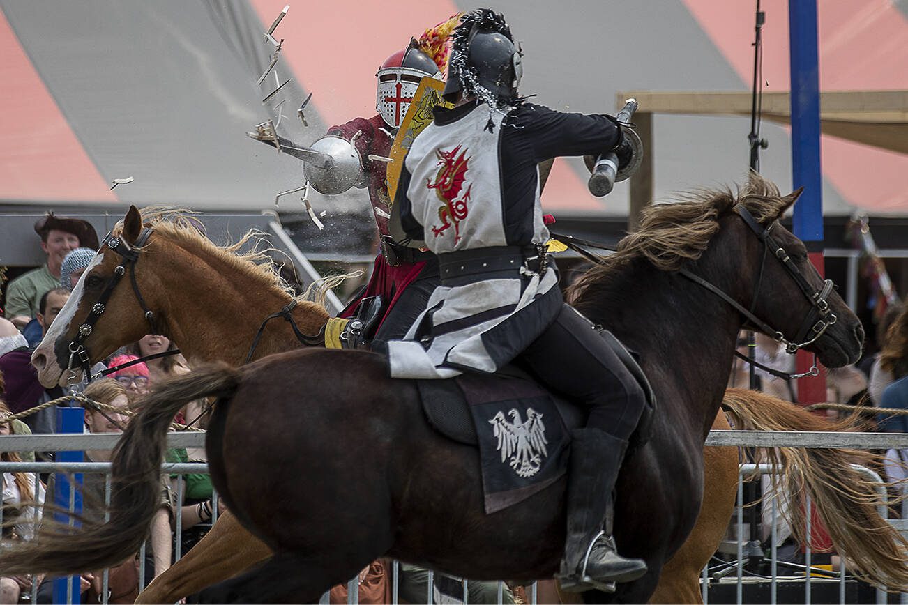 Performers joust during the Washington Midsummer Renaissance Faire at Sky Meadows Park in Snohomish, Washington, on Sunday, Aug. 06, 2023. (Annie Barker / The Herald)