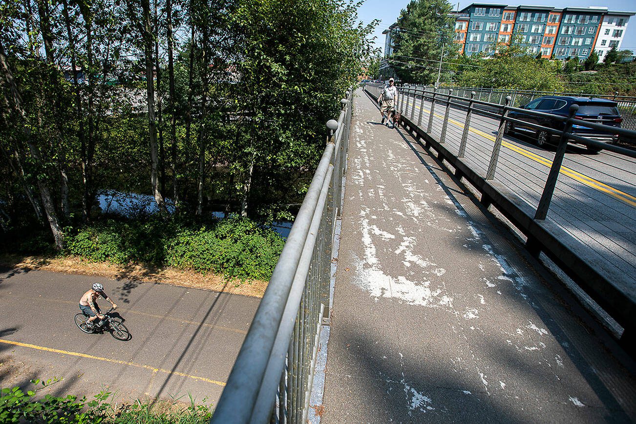 Pedestrians and cars cross over the 102nd Avenue bridge while a biker rides underneath along the Sammamish River Trail on Thursday, Aug. 8, 2024 in Bothell, Washington. (Olivia Vanni / The Herald)