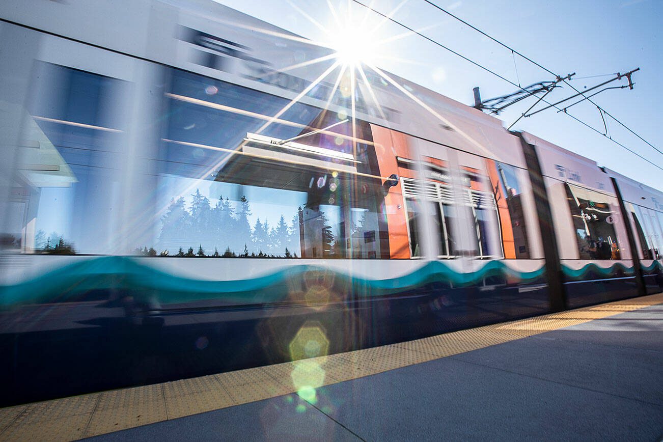 A Link light rail train pulls into the Mountlake Terrace station on Wednesday, Aug. 28, 2024 in Mountlake Terrace, Washington. (Olivia Vanni / The Herald)