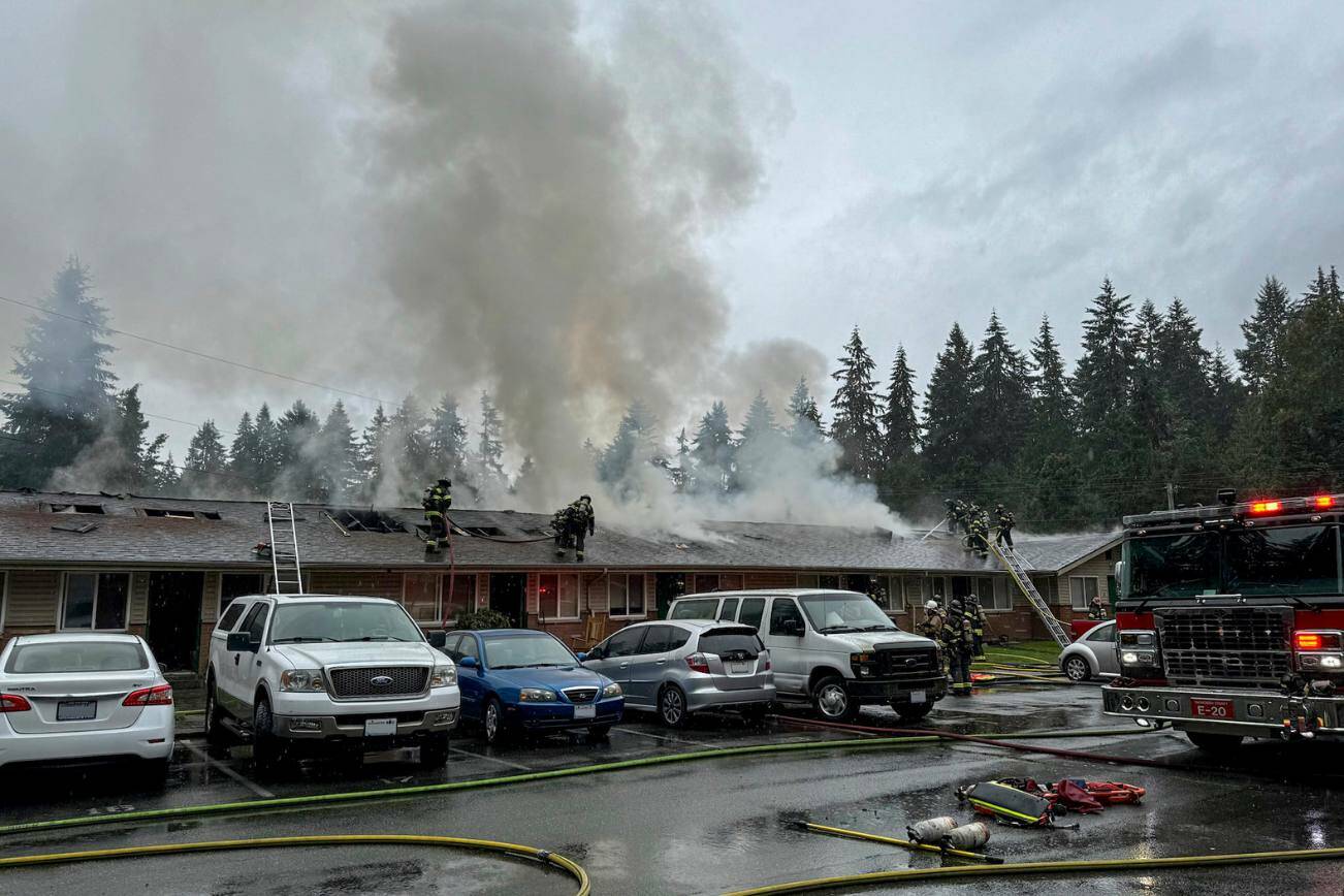 Two people were injured and 11 residents were displaced in a fire at an Edmonds apartment complex Saturday. (South County Fire)