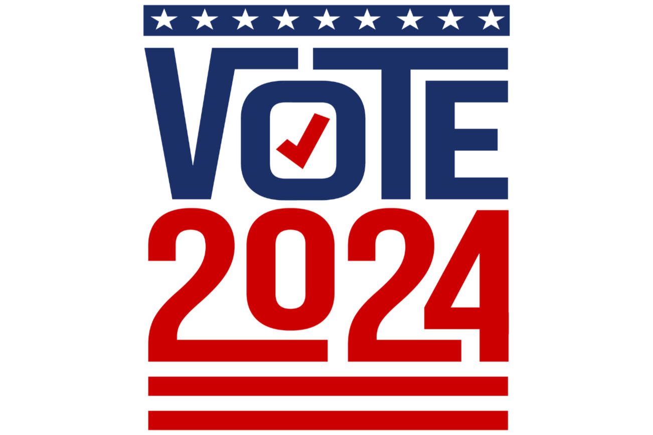 Vote 2024 logo with red and blue text for US presidential election. Election sticker, badge, label, poster, banner, greeting card. Stars and USA flag red strips Vector illustration.