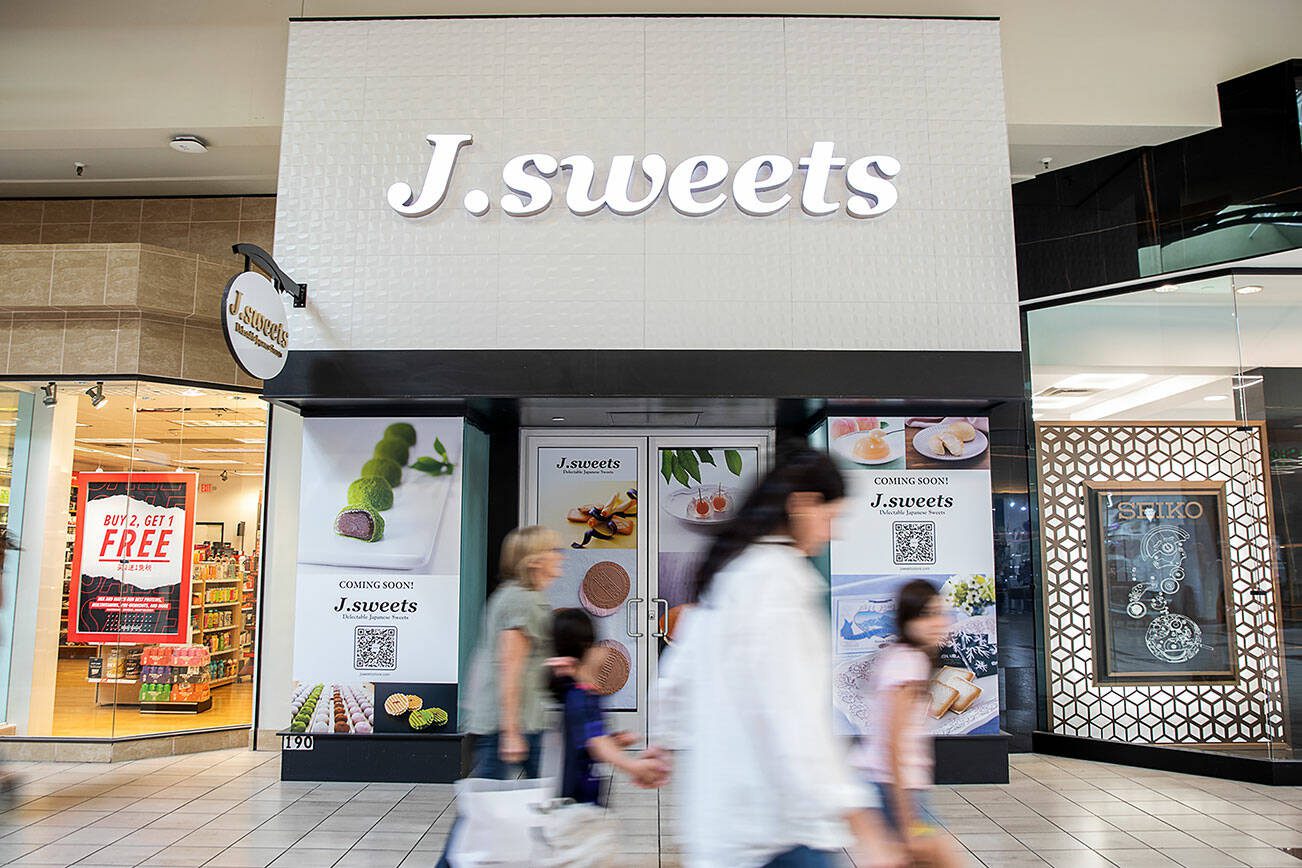 People walk past the new J.sweets storefront in Alderwood Mall on Thursday, July 25, 2024, in Lynnwood, Washington. (Olivia Vanni / The Herald)