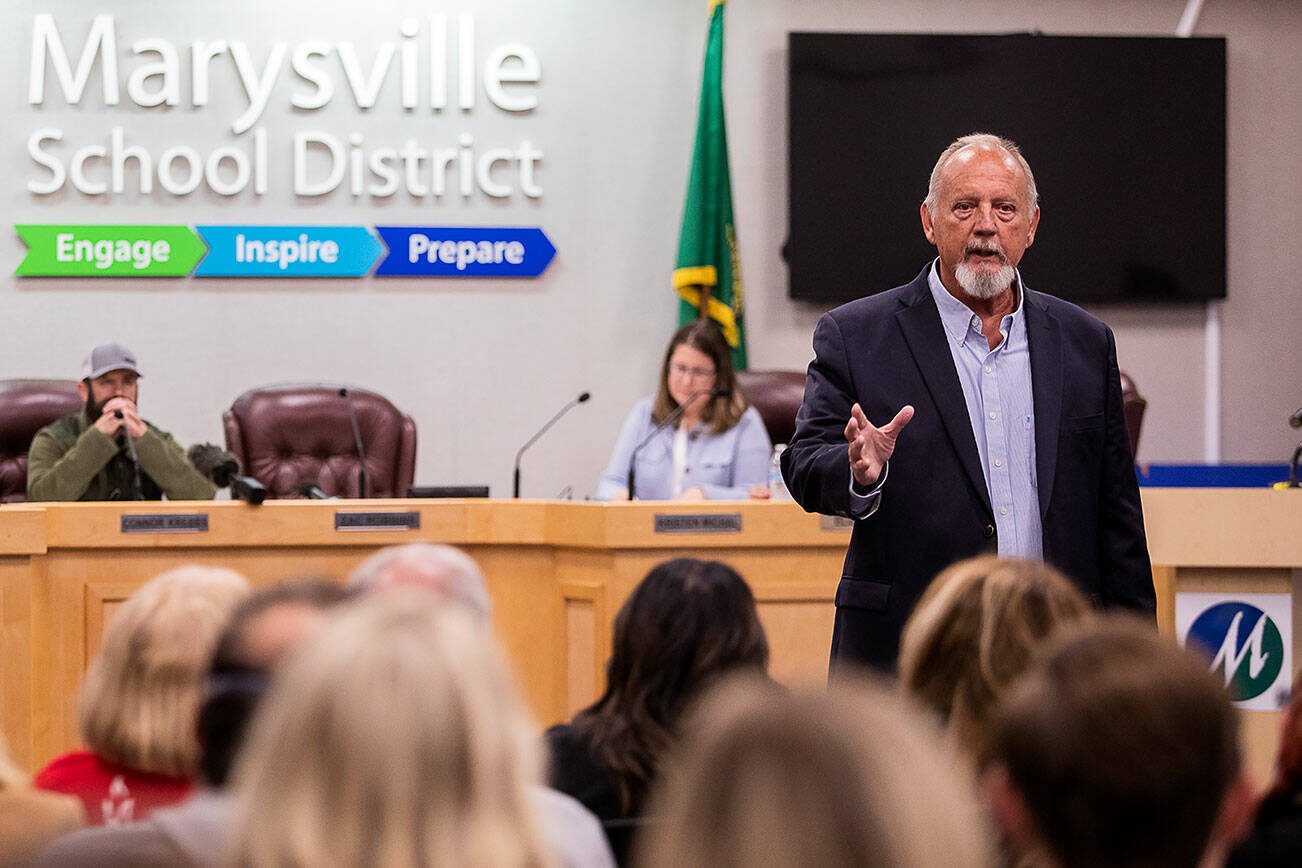 The new Marysville School District Superintendent Dr. David Burgess speaks during a meeting announcing his hiring to the position on Thursday, Oct. 3, 2024 in Marysville, Washington. (Olivia Vanni / The Herald)