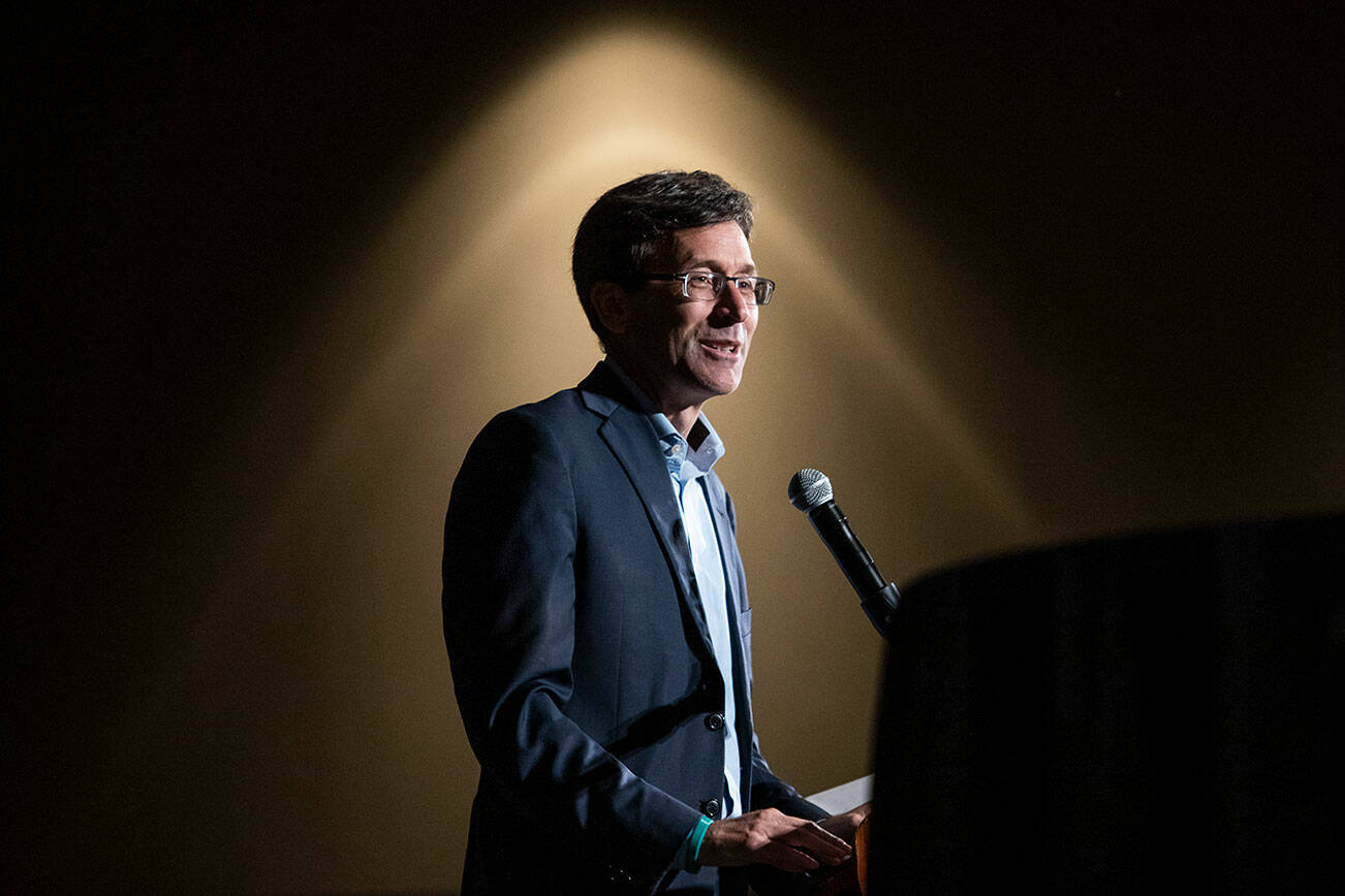 Washington Attorney General Bob Ferguson speaks at the Snohomish & Island County Labor Council champions dinner on Tuesday, Oct. 10, 2023 in Everett, Washington. (Olivia Vanni / The Herald)