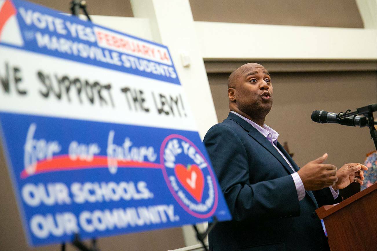 Marysville School District Superintendent Zachary Robbins speaks during an event kicking off a pro-levy campaign in January 2023 at the Marysville Historical Society Museum in Marysville, Washington. (Ryan Berry / The Herald)