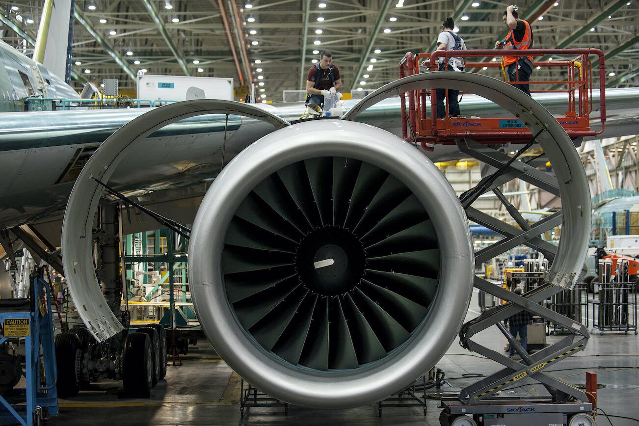 An engine on a Boeing 767 aircraft, at a Boeing facility in Everett in 2012. (Stuart Isett / The New York Times)