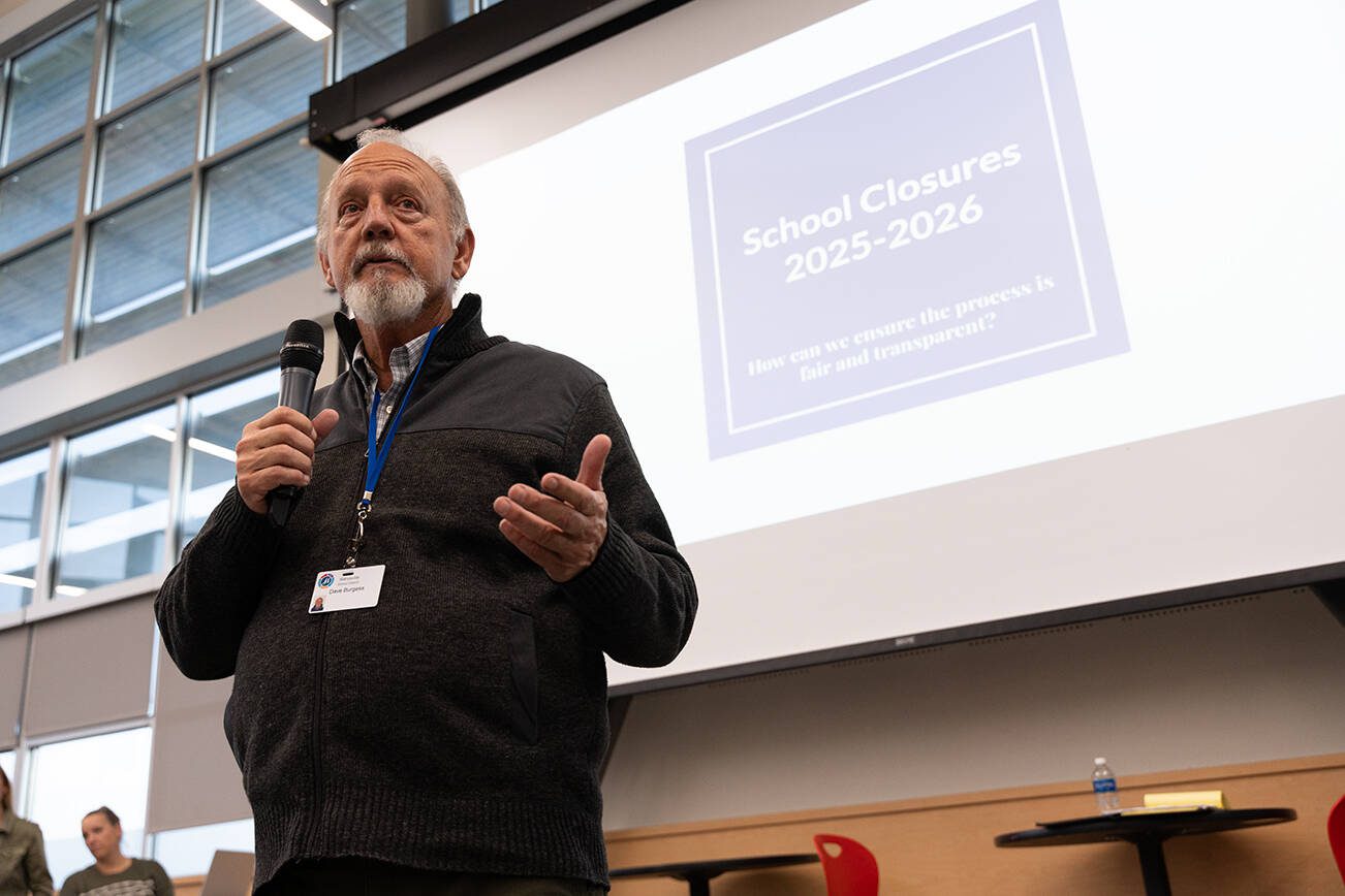 Interim Marysville School District Superintendent David Burgess speaks at a presentation regarding potential school closures Wednesday, Oct. 23, 2024, at Marysville Pilchuck High School. (Will Geschke / The Herald)