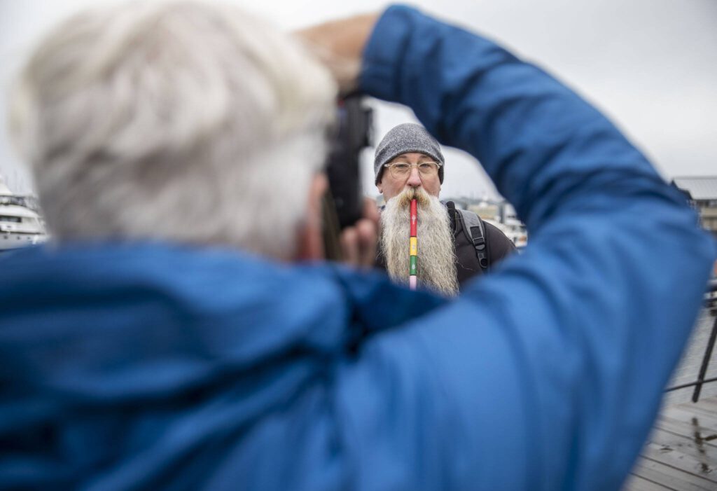 Jeff Raye, from Austin, Texas, has his photo taken with a measuring stick for proof of beard length for the Guinness World Record Beard Chain Attempt on Friday, Nov. 1, 2024 in Everett, Washington. (Olivia Vanni / The Herald)
