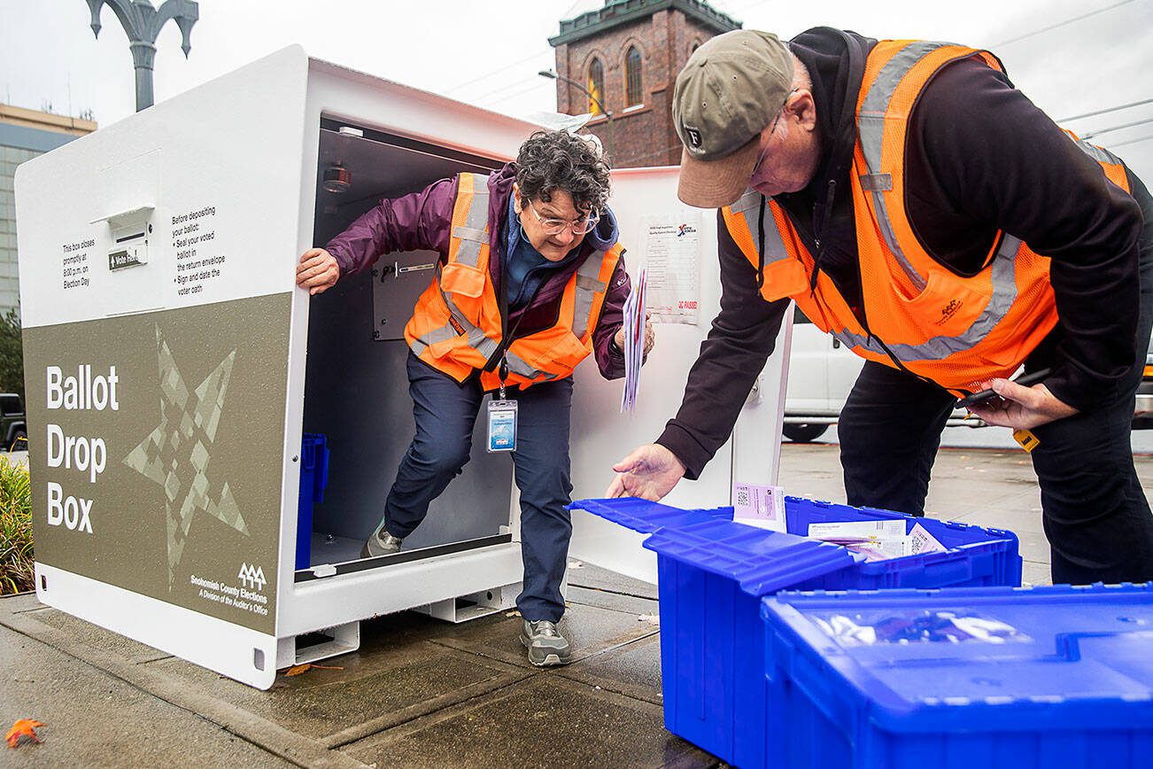 Snohomish County Elections employees Alice Salcido, left and Joseph Rzeckowski, right, pull full bins of ballots from the Snohomish County Campus ballot drop box on Monday, Nov. 4, 2024 in Everett, Washington. (Olivia Vanni / The Herald)