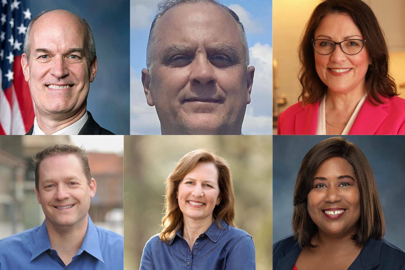 Top row, from left to right: Rick Larsen, Cody Hart and Suzan DelBene. Bottom row, from left to right: Jeb Brewer, Kim Schrier and Carmen Goers.