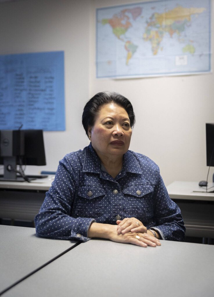 Van Dinh-Kuno, executive director of Refugee and Immigrant Services Northwest, a nonprofit based at Everett Community College on Friday, Nov. 15, 2024 in Everett, Washington. (Olivia Vanni / The Herald)
