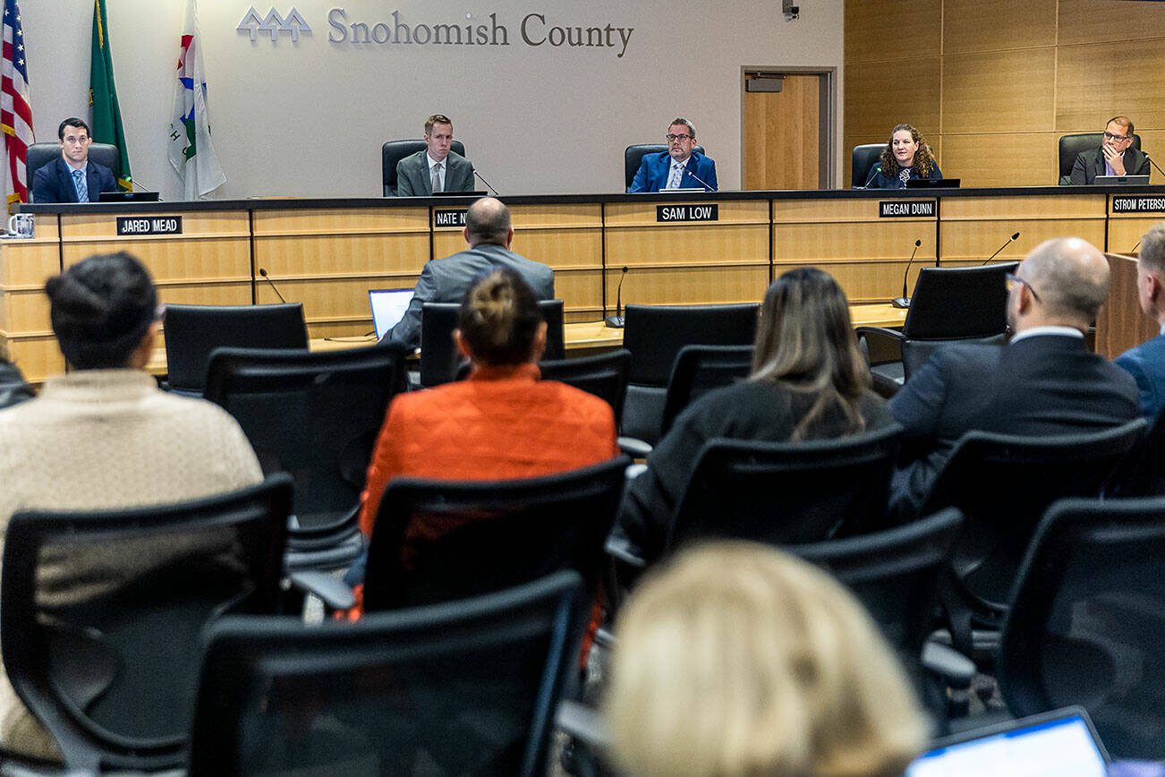 Snohomish County Council listens to George Skiles talk about his findings in an audit of the Snohomish County Executive Office on Wednesday, Nov. 13, 2024 in Everett, Washington. (Olivia Vanni / The Herald)