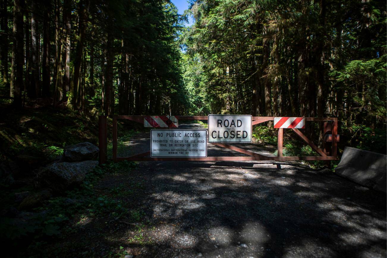 A closed road at the Heather Lake Trail parking lot along the Mountain Loop Highway in Snohomish County, Washington on Wednesday, July 19, 2023. (Annie Barker / The Herald)