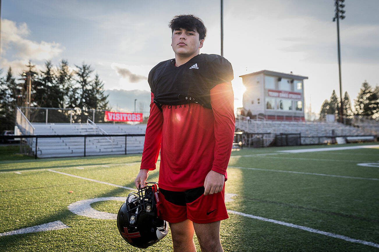 Archbishop Murphy senior Jevin Madison, who has rushed for 1,668 yards this season, at football practice on Wednesday, Nov. 27, 2024 in Everett, Washington. (Olivia Vanni / The Herald)