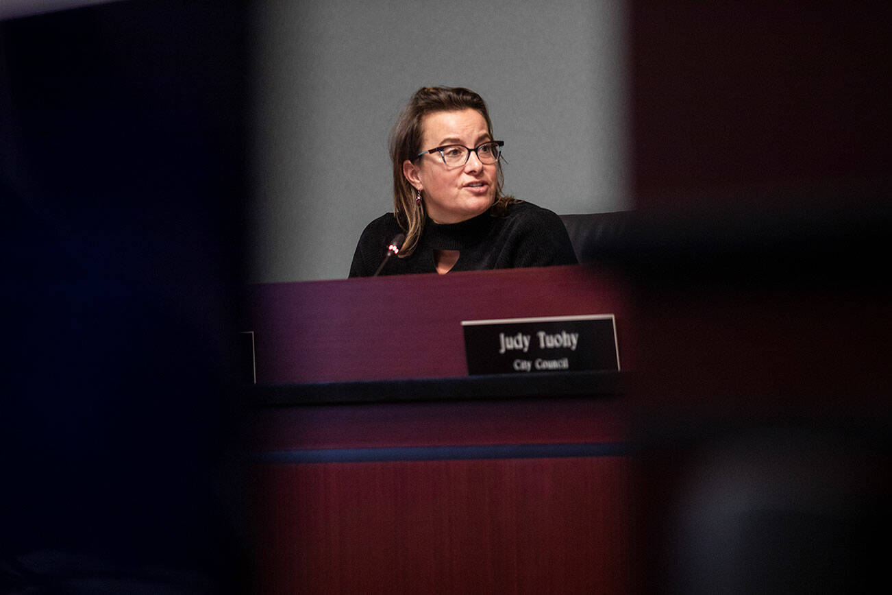 Everett Mayor Cassie Franklin talks about the 2025 budget with the city council before voting on Wednesday, Dec. 4, 2024 in Everett, Washington. (Olivia Vanni / The Herald)