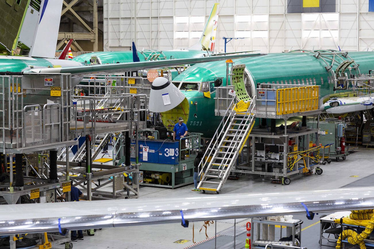 FILE — Boeing 737 MAX8 airplanes on the assembly line at the Boeing plant in Renton, Wash., on March 27, 2019. Boeing said on Wednesday, Feb. 21, 2024, that it was shaking up the leadership in its commercial airplanes unit after a harrowing incident last month during which a piece fell off a 737 Max 9 jet in flight. (Ruth Fremson/The New York Times)