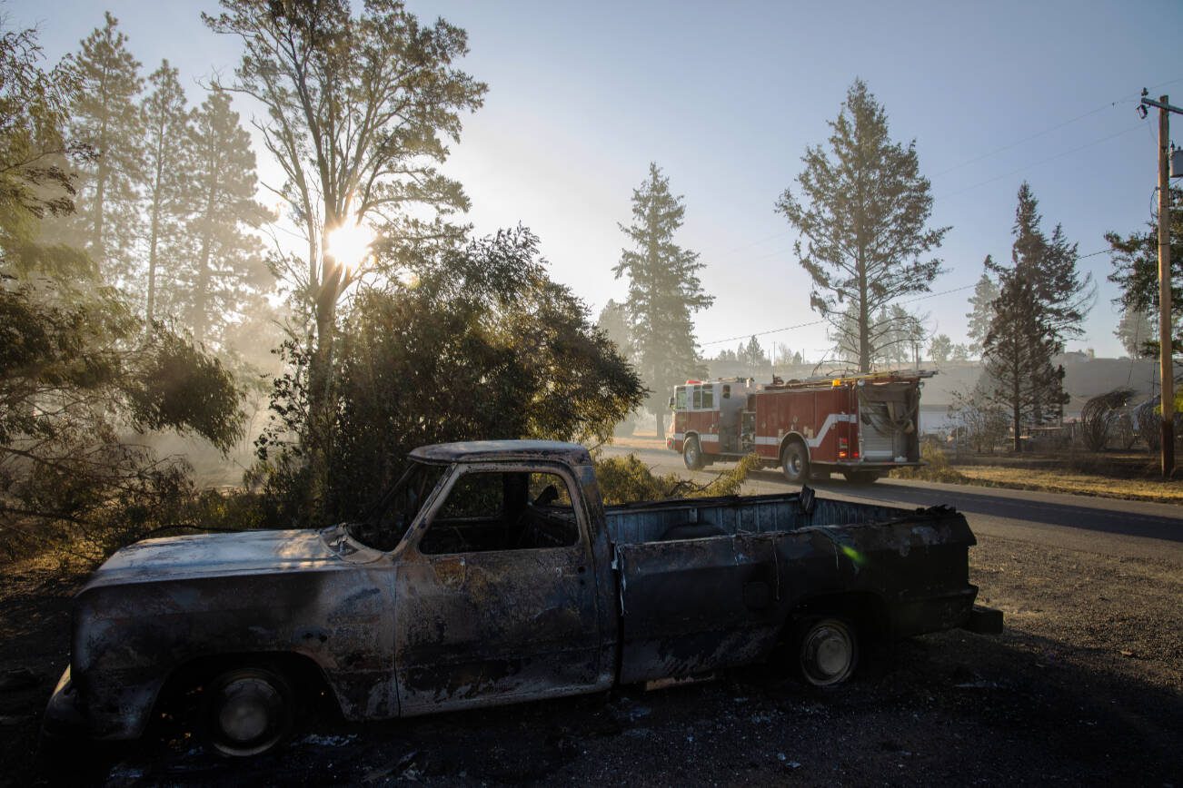 A burned out truck in Malden, Wash., Wednesday, Sept. 9, 2020, two days after a fast moving wildfire swept through the area. Nearly all of the homes and municipal buildings - including the post office and fire department - in the small town of Malden were burned to the ground. (Rajah Bose/The New York Times)