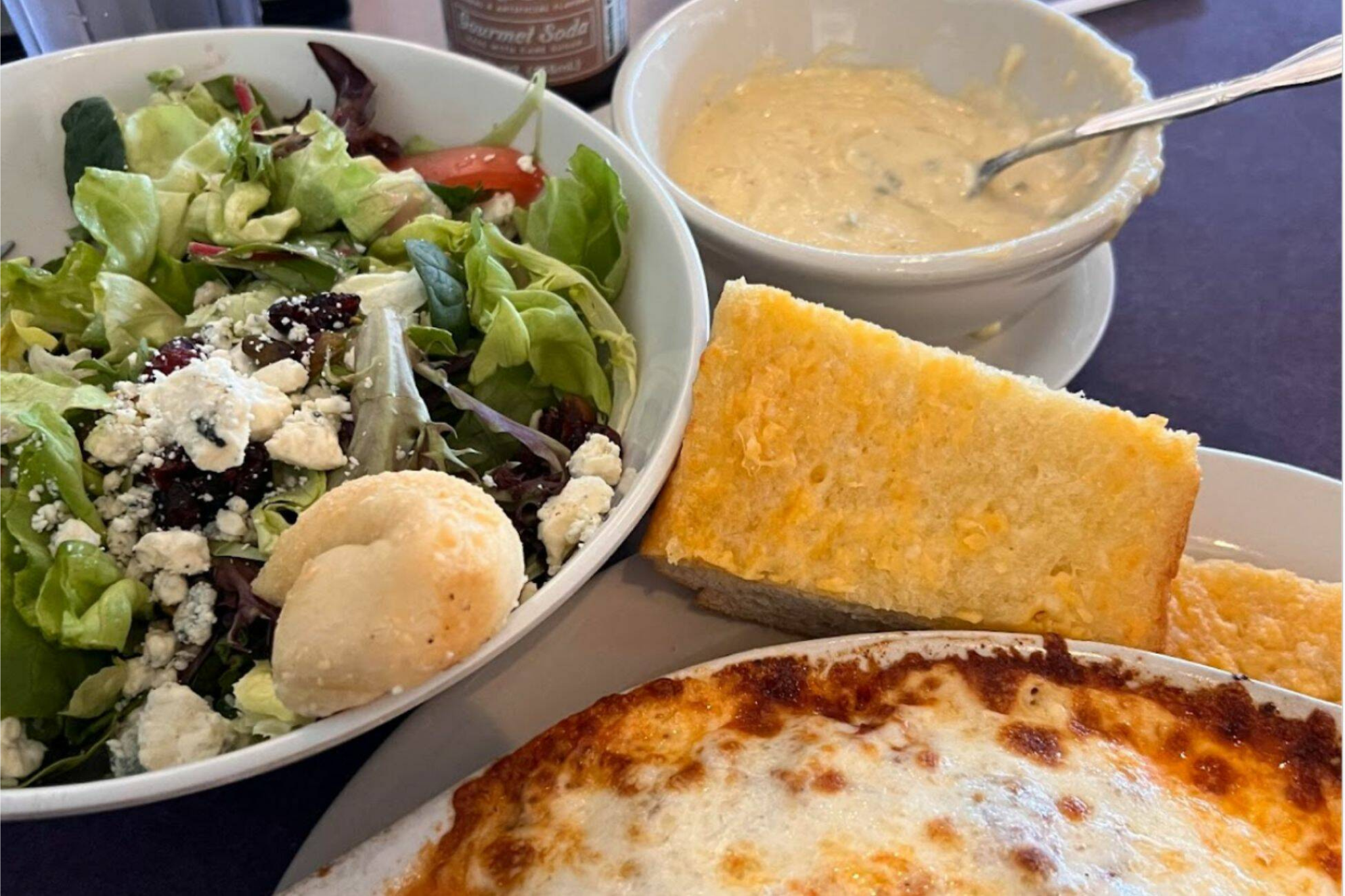 Mimosa Salad, Lasagna Potato Cheddar Soup at Cristiano’s Pizza.